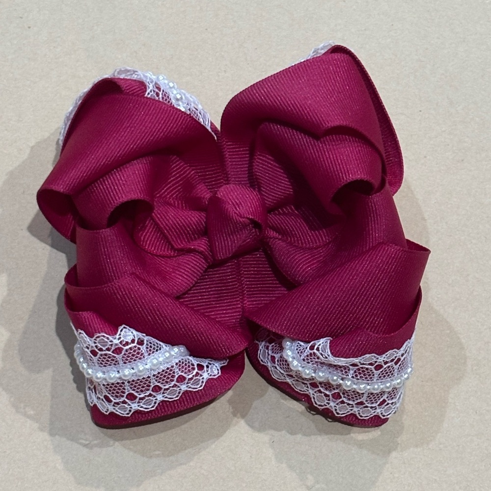 Burgundy Lace & Pearl Hair Bow